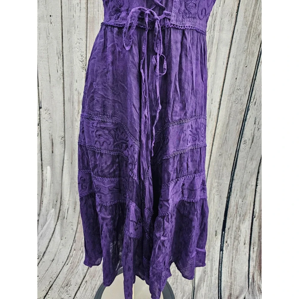 Whimsigoth witch Dress Womens Free Size Purple Embroidered Lace Up Boho Midi new